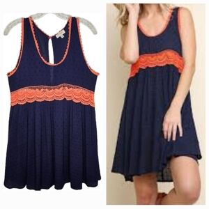 Umgee Dress Womens Navy Blue Coral Sheer Swiss Dot Crochet Waist Size Medium